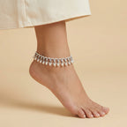 Silver Pearl Payal Set detail of pearl band and crystal-pearl charms