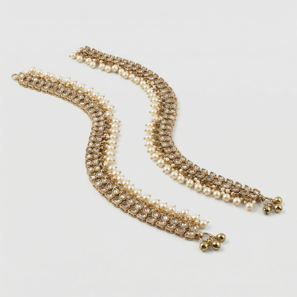 Kundan Pearl Payal detail showing teardrop kundan stones pearl trim and bells