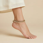 Kundan Pearl Payal detail showing teardrop kundan stones pearl trim and bells