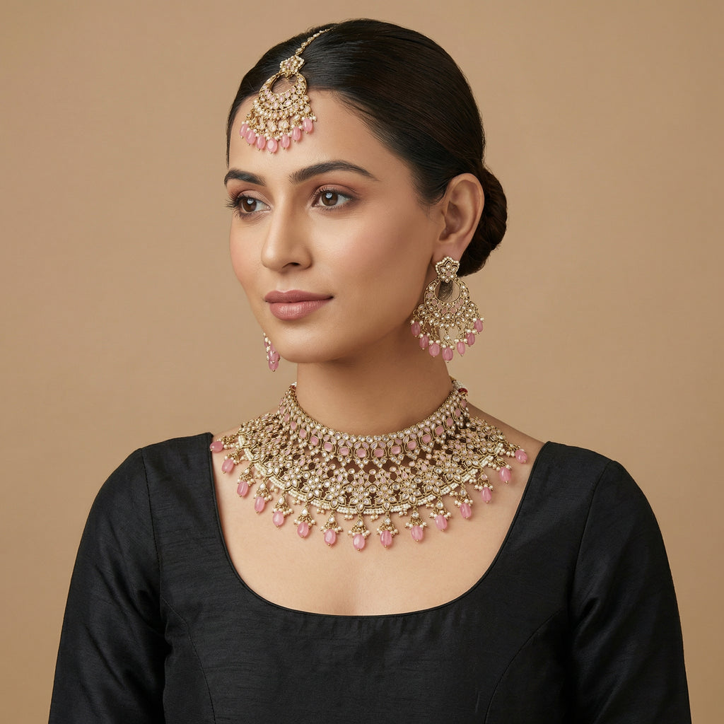 Rose Polki Choker Set detail showing blush-pink teardrop fringe and clear polki filigree work