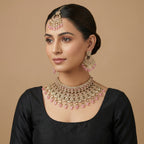 Rose Polki Choker Set detail showing blush-pink teardrop fringe and clear polki filigree work
