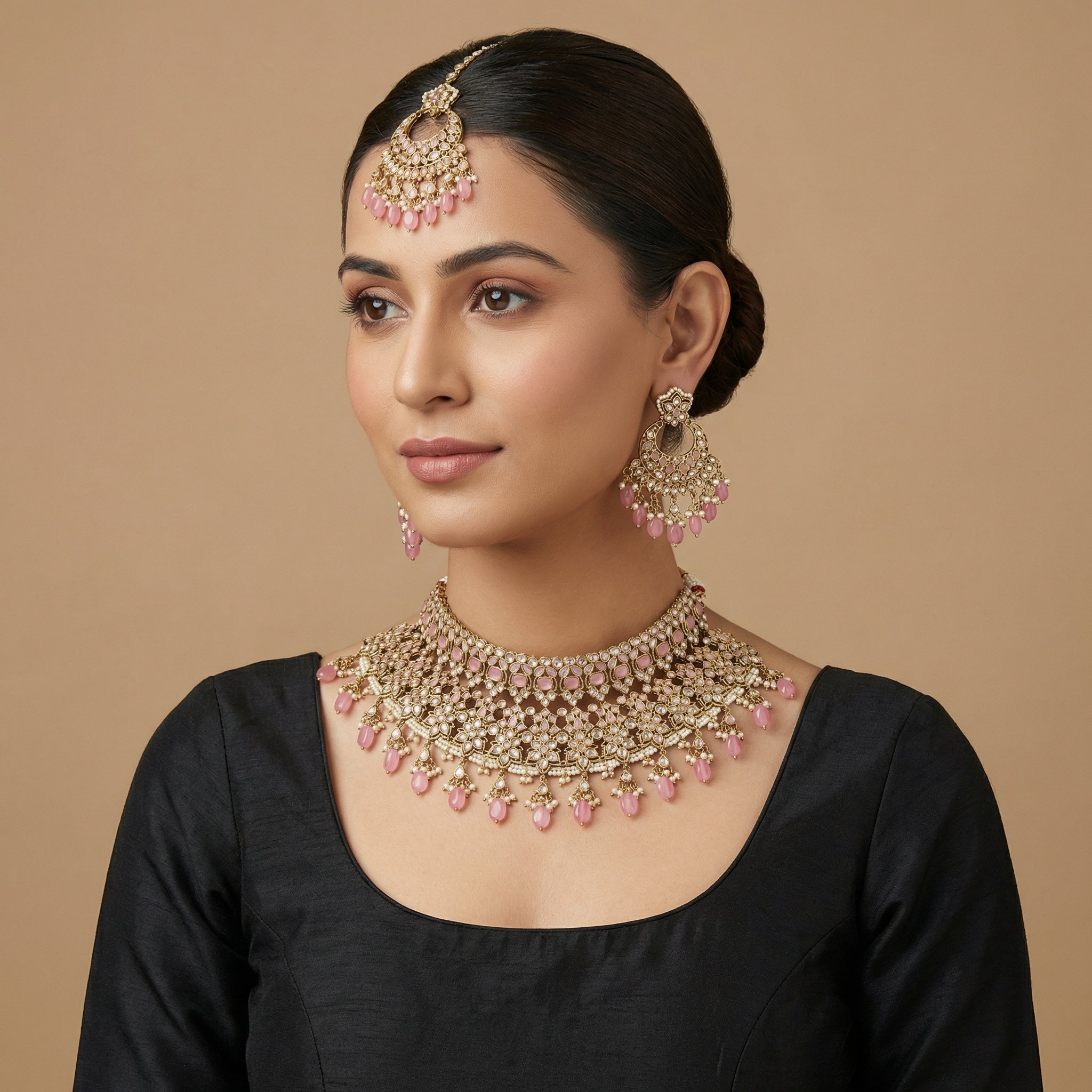 Rose Polki Choker Set detail showing blush-pink teardrop fringe and clear polki filigree work