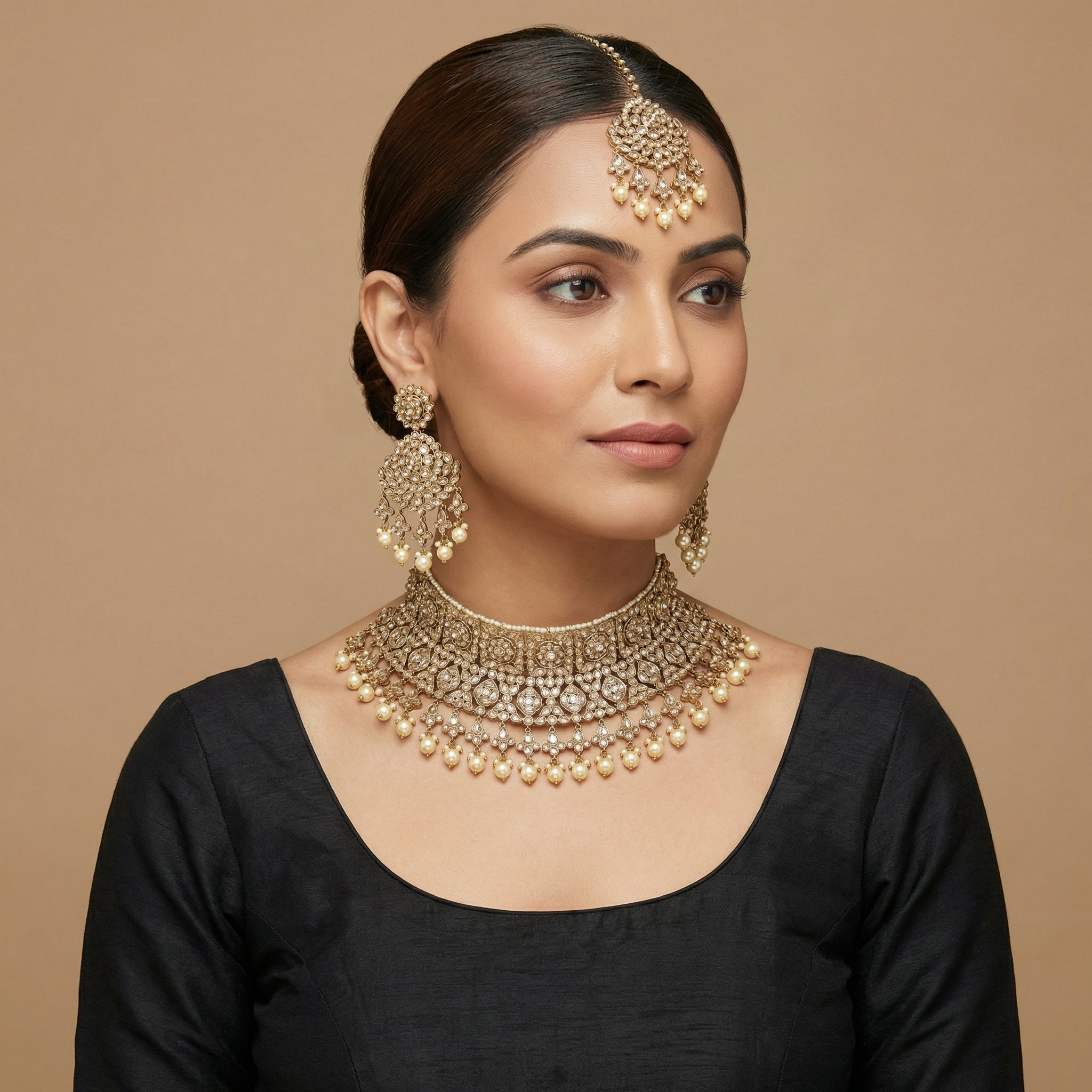 Regal Pearl Necklace Set detail showing clear kundan floral motifs and cream pearl droplet fringe