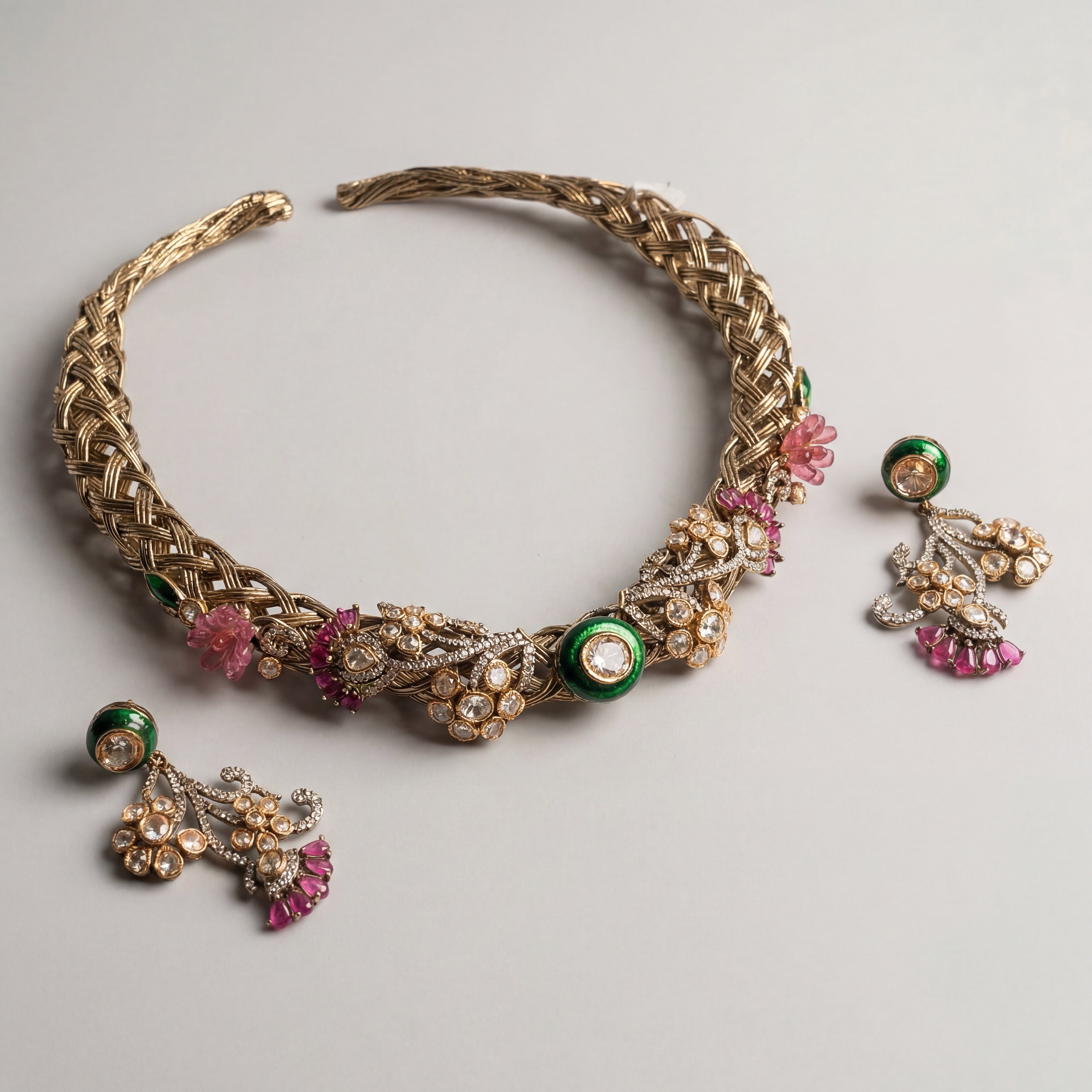 Verdant Royalty Choker Set gold woven choker with green enamel and matching earrings