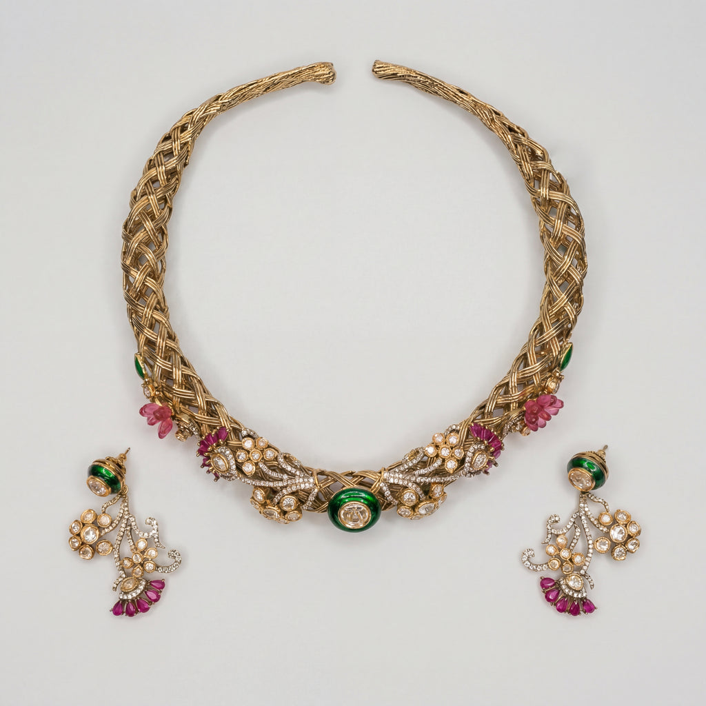 Verdant Royalty Choker Set detail of emerald enamel center and pink floral accents