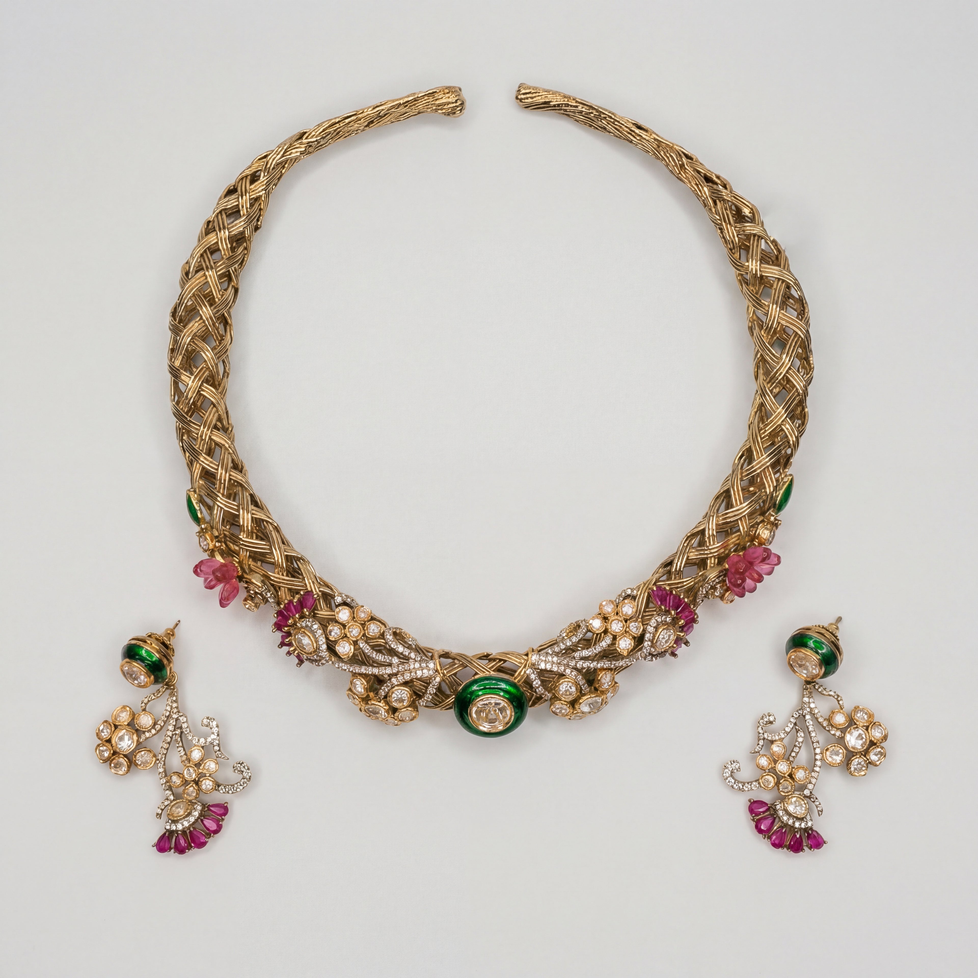 Verdant Royalty Choker Set detail of emerald enamel center and pink floral accents