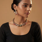 Verdant Royalty Choker Set detail of emerald enamel center and pink floral accents
