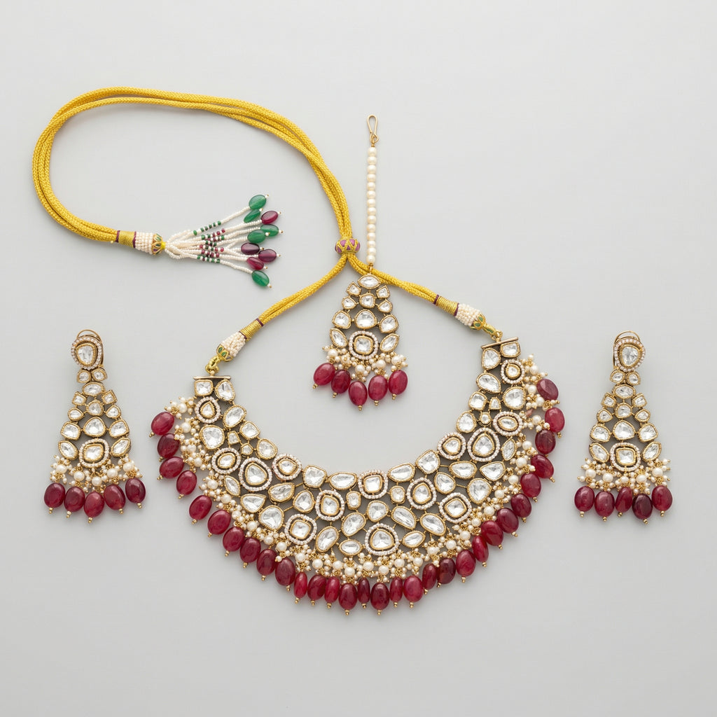 Detail flatlay of the red kundan necklace set, highlighting the stonework and earrings.