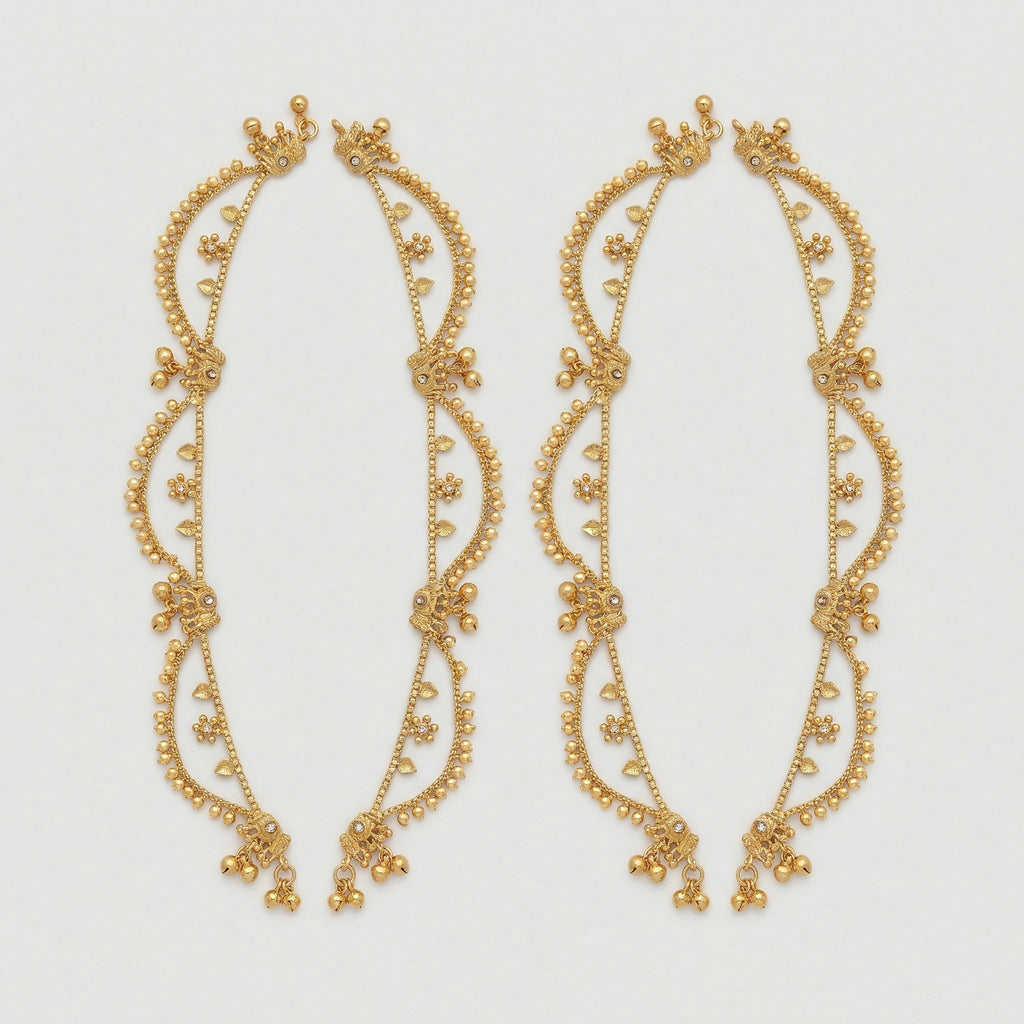 Tara Gold Payal pair of gold-tone scalloped floral payals with ghungroo bells on gray background