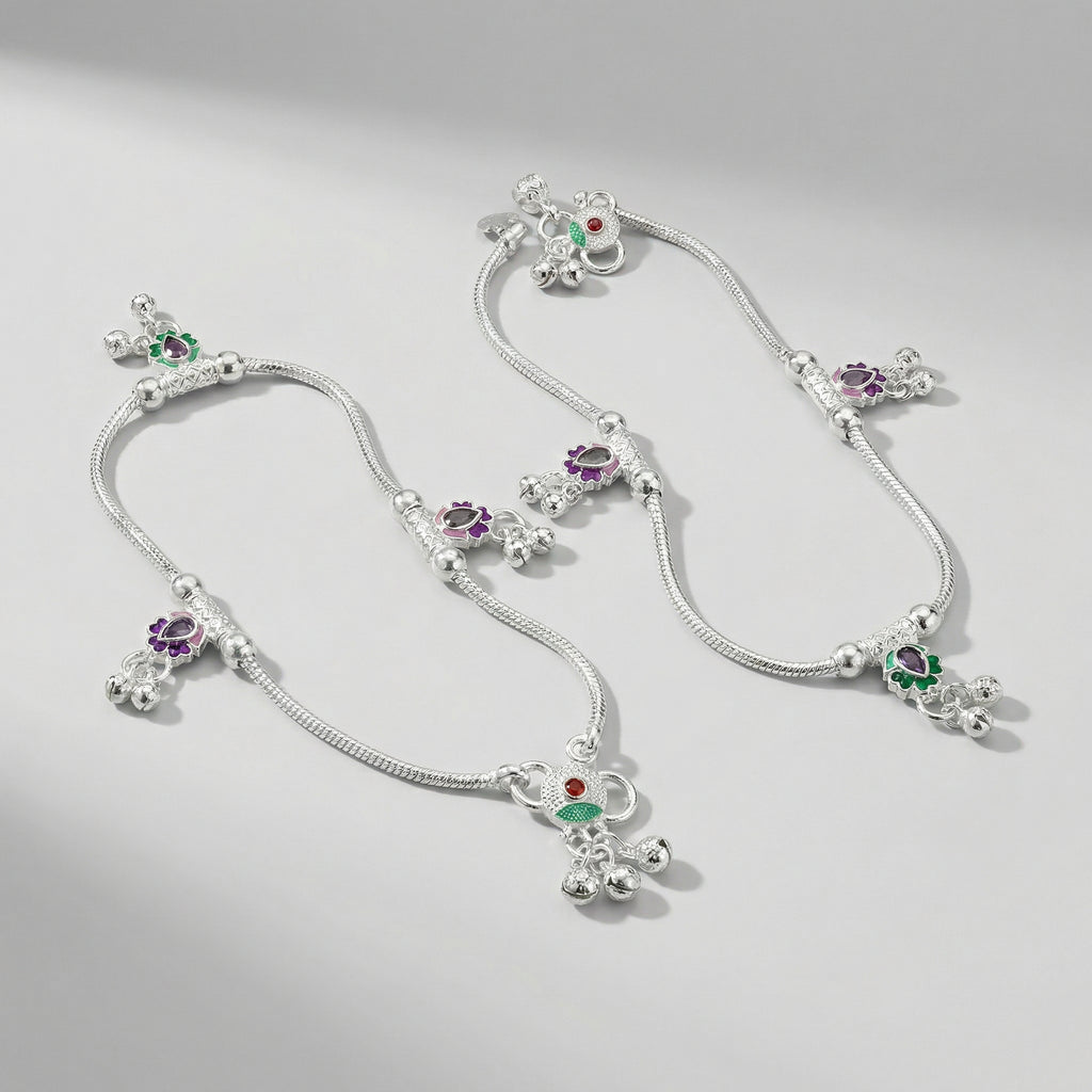 Silver Ghungroo Payal detail of green lotus motifs and ghungroo bells