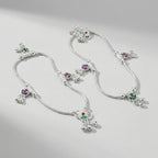 Silver Ghungroo Payal detail of green lotus motifs and ghungroo bells