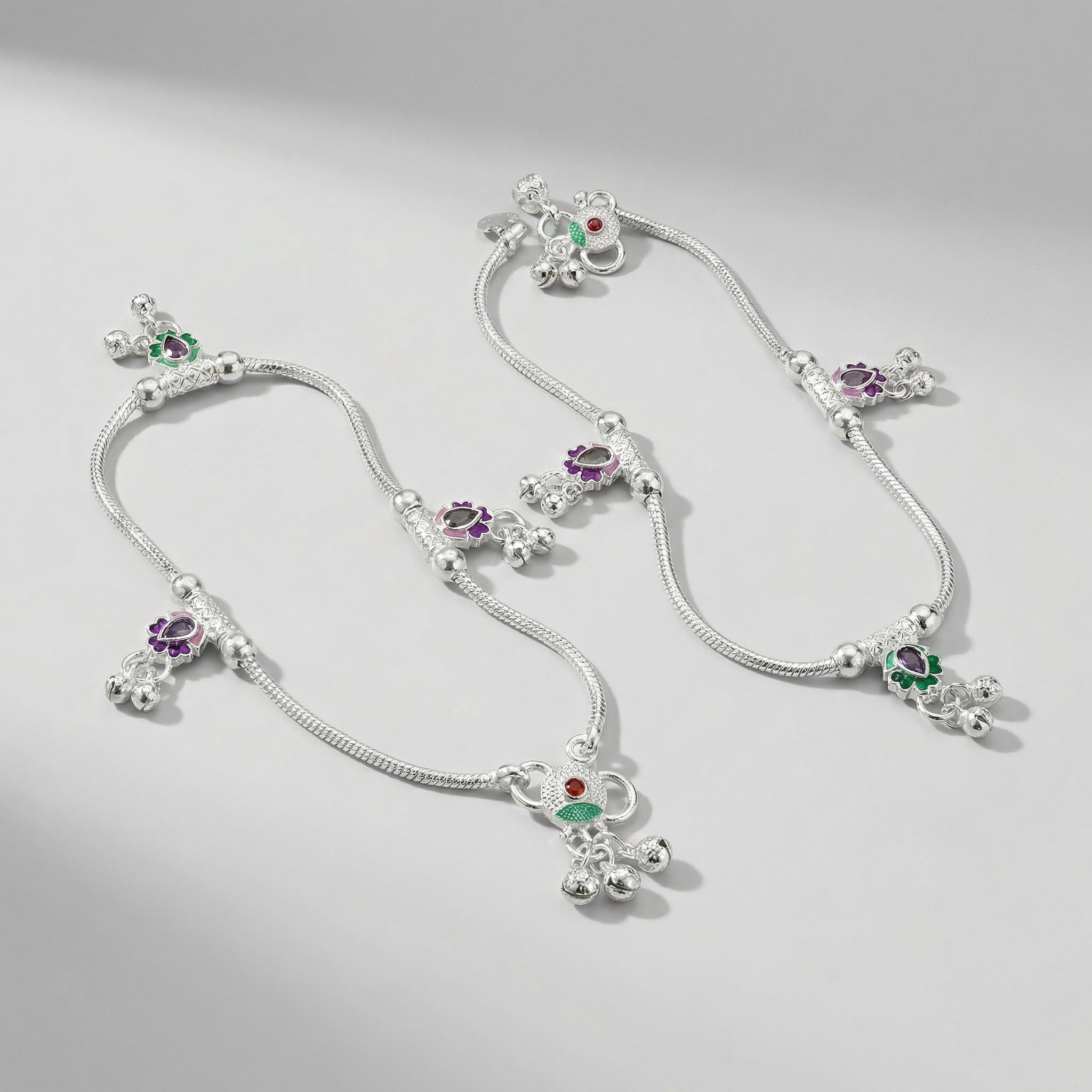 Silver Ghungroo Payal detail of green lotus motifs and ghungroo bells