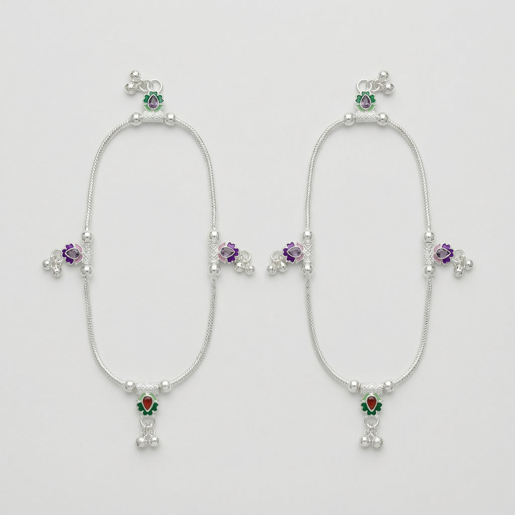 Silver Ghungroo Payal pair of silver-tone enamel floral payals with bells