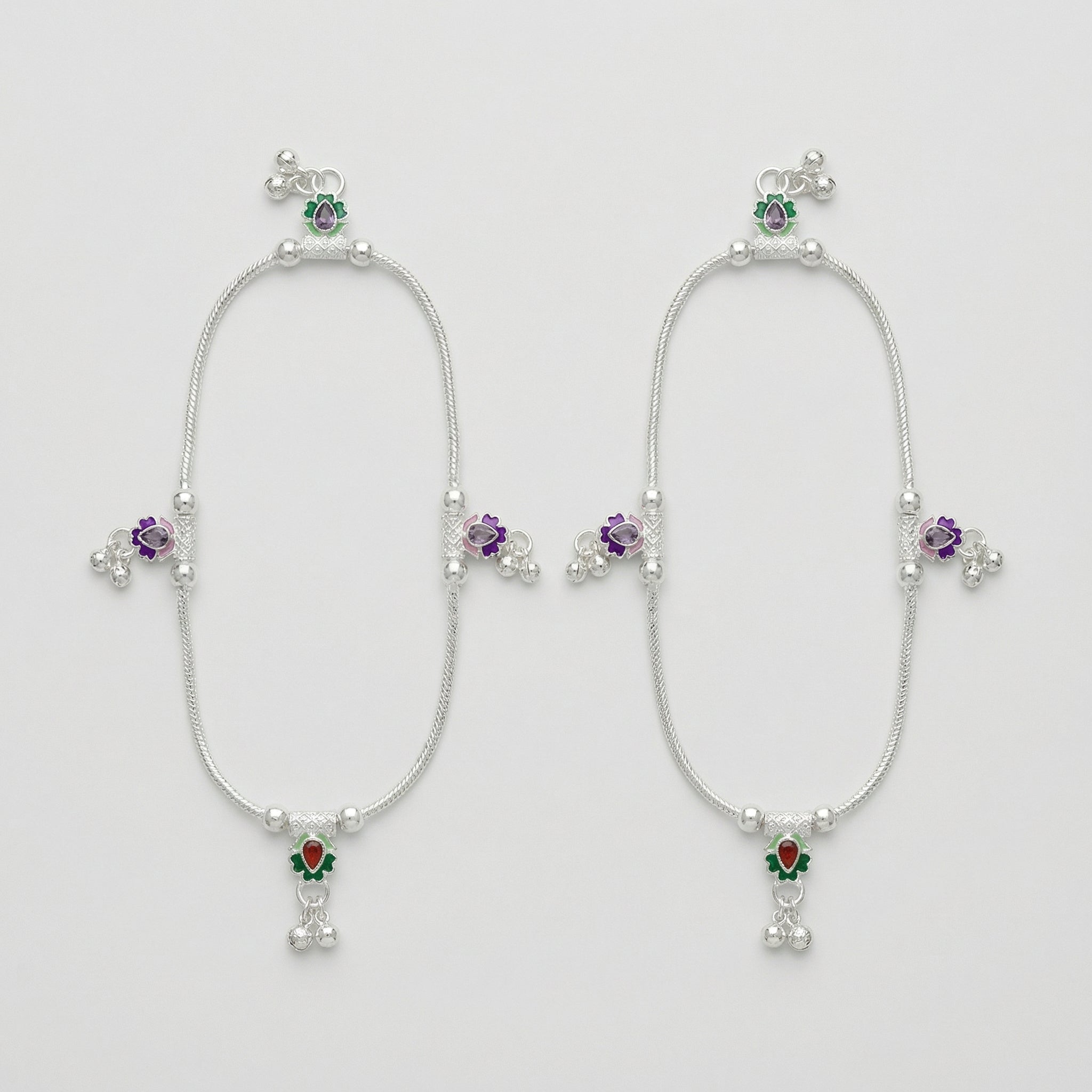 Silver Ghungroo Payal pair of silver-tone enamel floral payals with bells