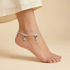 Silver Ghungroo Payal detail of green lotus motifs and ghungroo bells