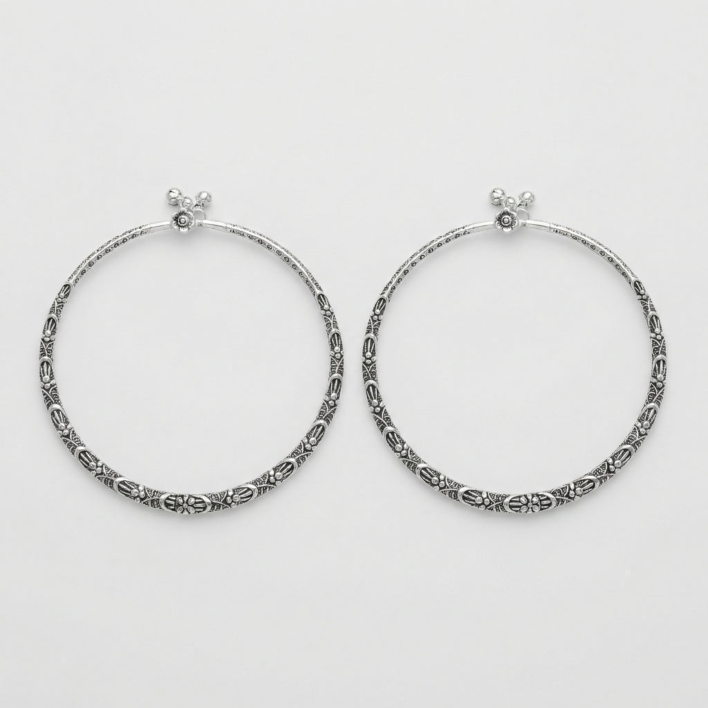 Oxidized Floral Anklets detail showing granulated floral pattern and screw clasp