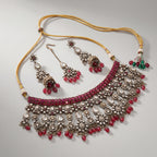 Regal Crimson Choker Set detail showing ruby-red stone rows and red teardrop bead fringe