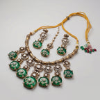 Zaira Emerald Necklace Set detail showing emerald cabochon drops and filigree polki pendant work