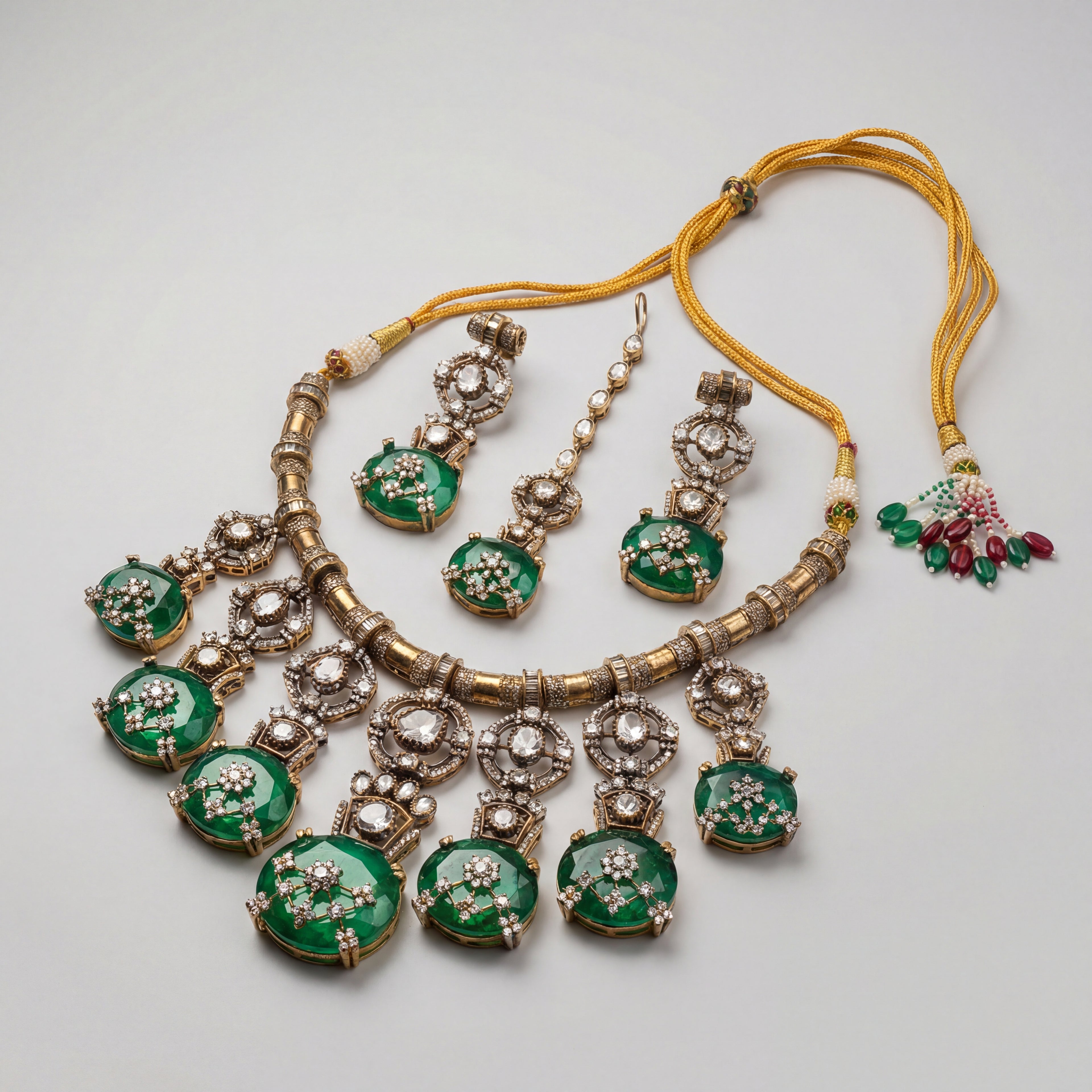 Zaira Emerald Necklace Set detail showing emerald cabochon drops and filigree polki pendant work