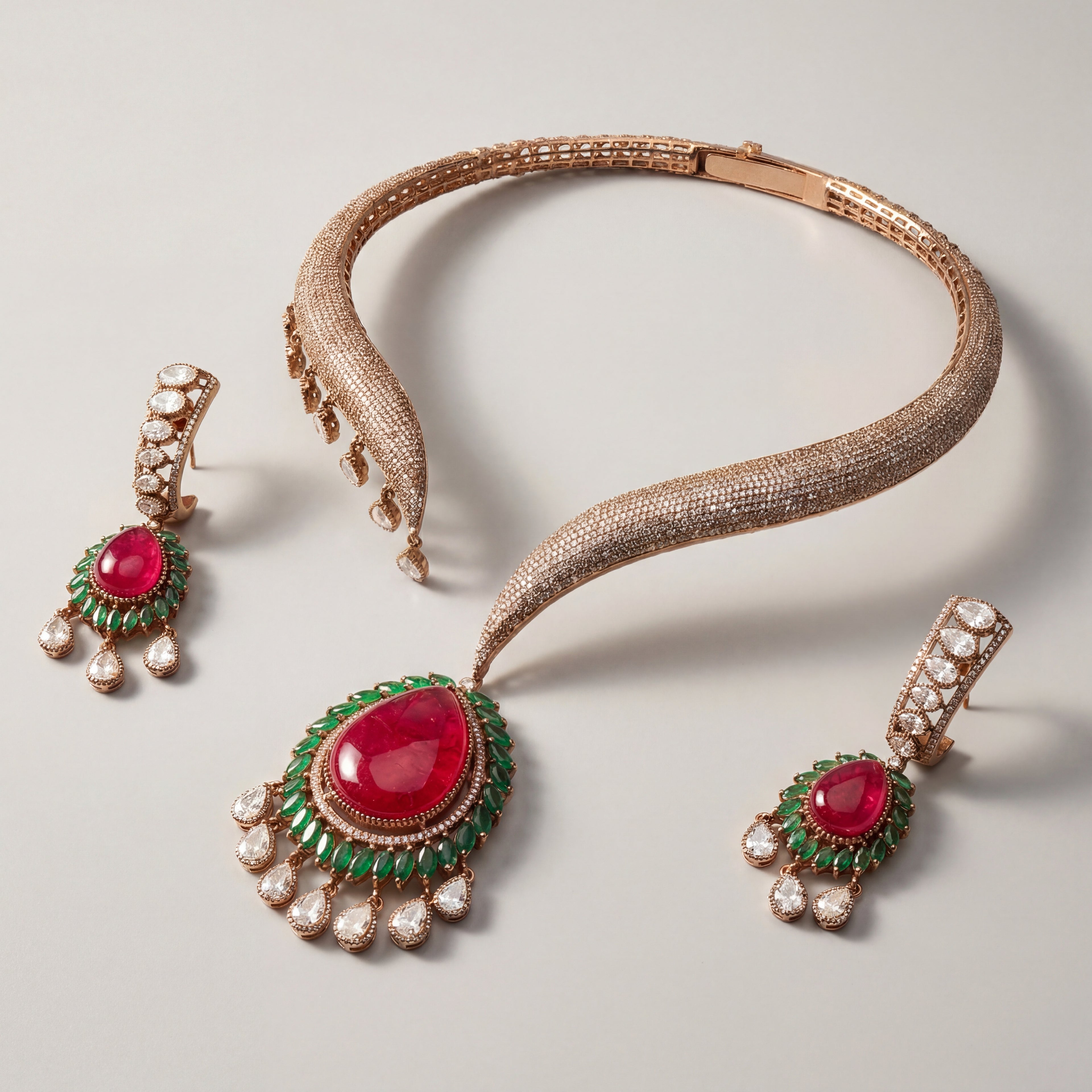 Ruby Emerald Majesty Set detail showing pear ruby center, emerald marquise halo, and crystal dangles
