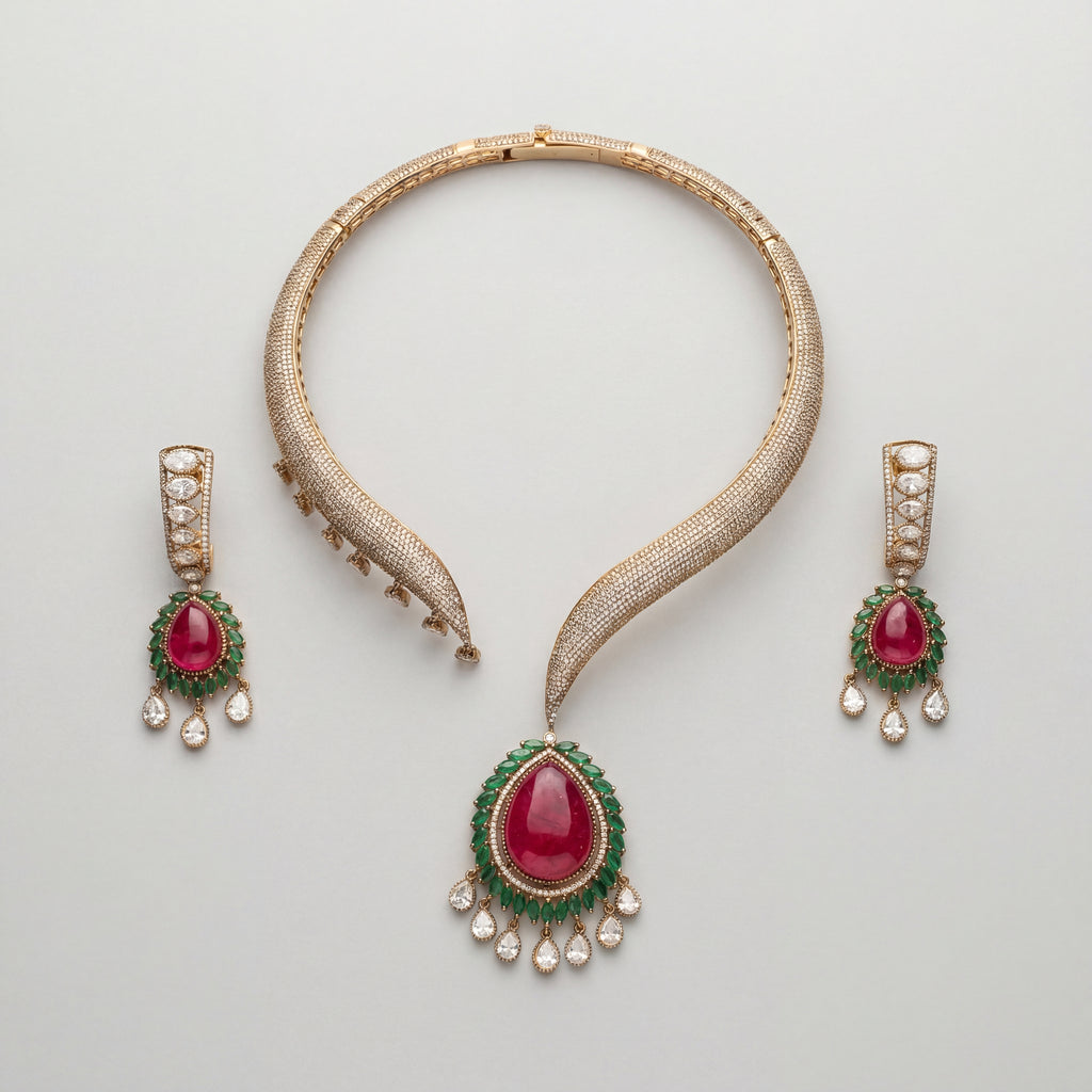 Ruby Emerald Majesty Set gold collar necklace with ruby-emerald pendant and matching drop earrings on gray background