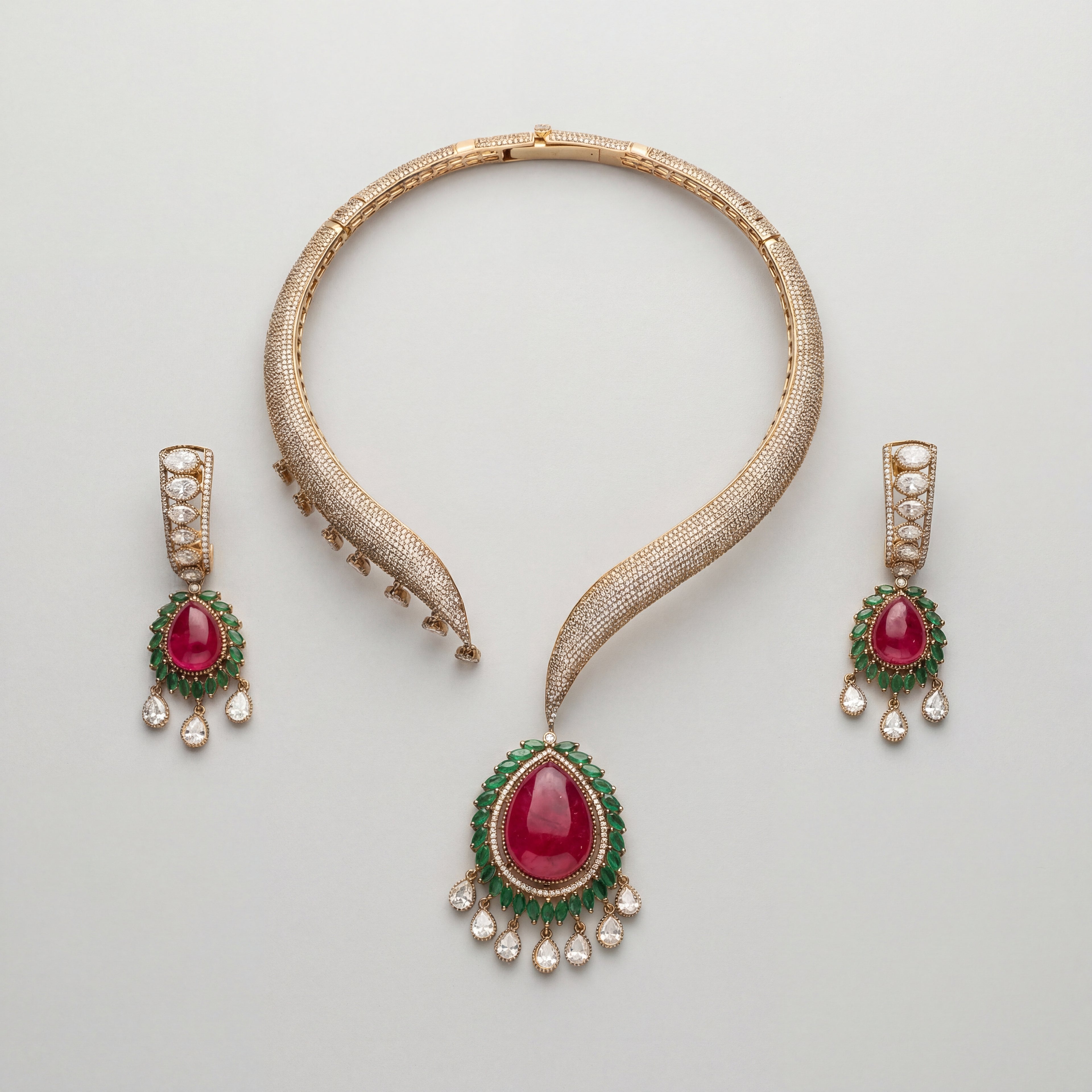 Ruby Emerald Majesty Set gold collar necklace with ruby-emerald pendant and matching drop earrings on gray background