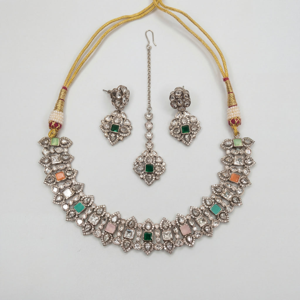 Amara Multi-Stone Choker Set detail showing oxidized silver polki links and multicolor square accent stones