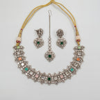 Amara Multi-Stone Choker Set detail showing oxidized silver polki links and multicolor square accent stones