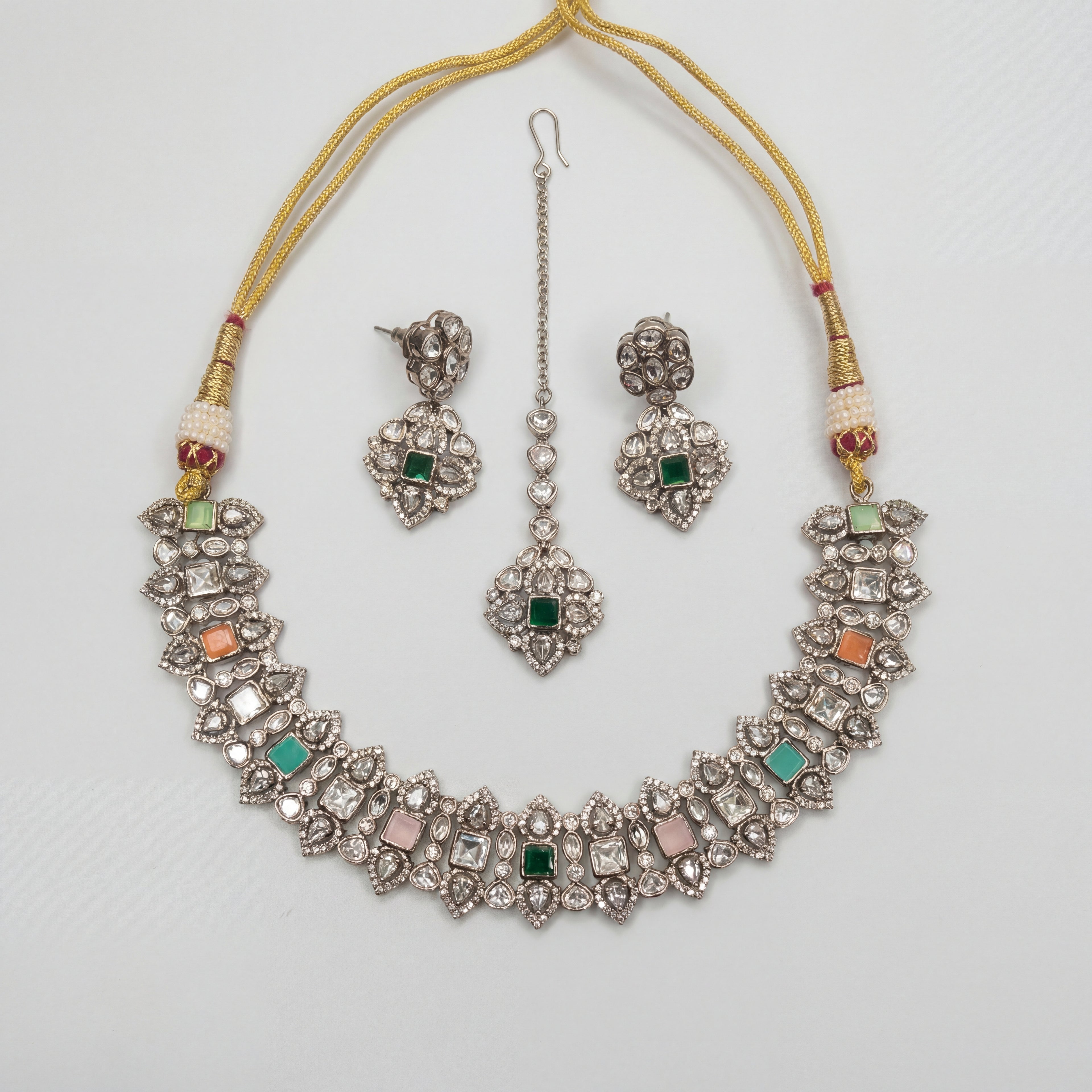 Amara Multi-Stone Choker Set detail showing oxidized silver polki links and multicolor square accent stones