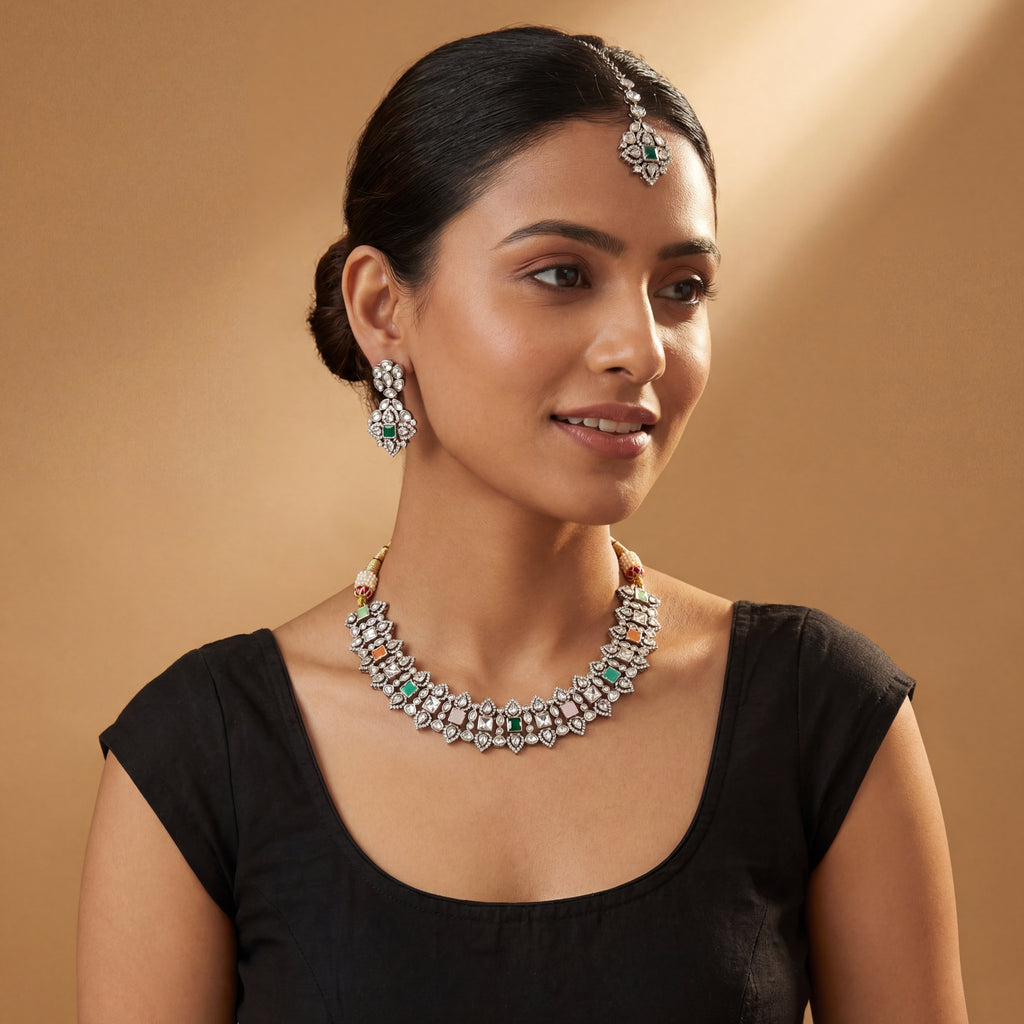 Amara Multi-Stone Choker Set detail showing oxidized silver polki links and multicolor square accent stones