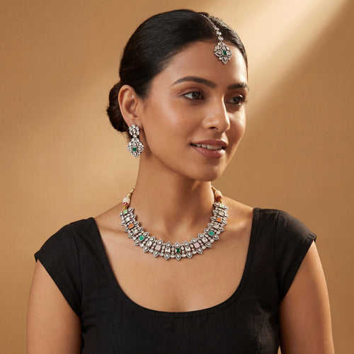 Amara Multi-Stone Choker Set detail showing oxidized silver polki links and multicolor square accent stones
