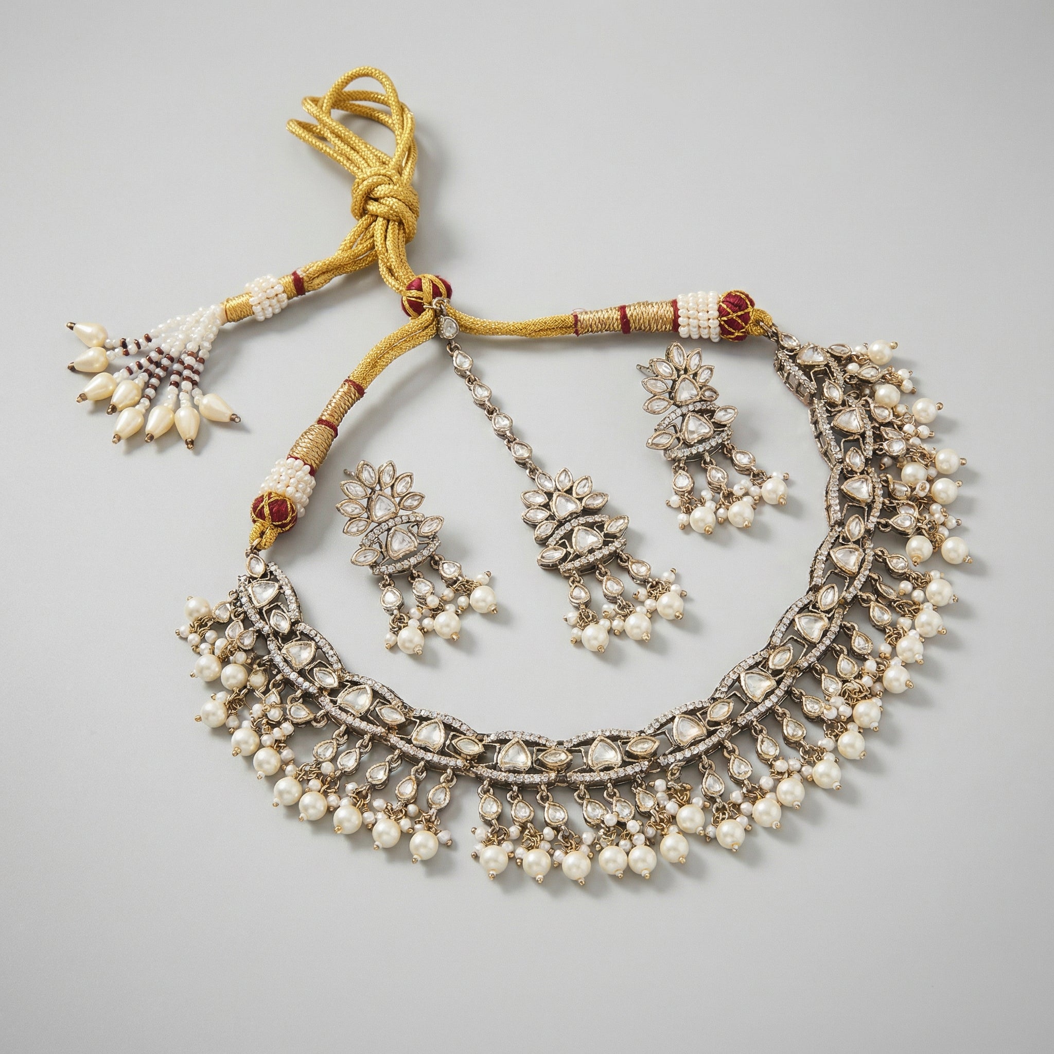 Anmol Pearl Heirloom Necklace Set detail of polki teardrops and pearl fringe charms