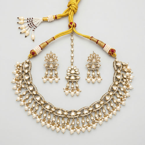 Anmol Pearl Heirloom Necklace Set antique gold choker with earrings and maang tikka
