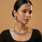 Anmol Pearl Heirloom Necklace Set detail of polki teardrops and pearl fringe charms
