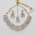 Aria Mint Pearl Set silver choker with mint enamel medallions, pearl fringe, earrings, and maang tikka on gray background