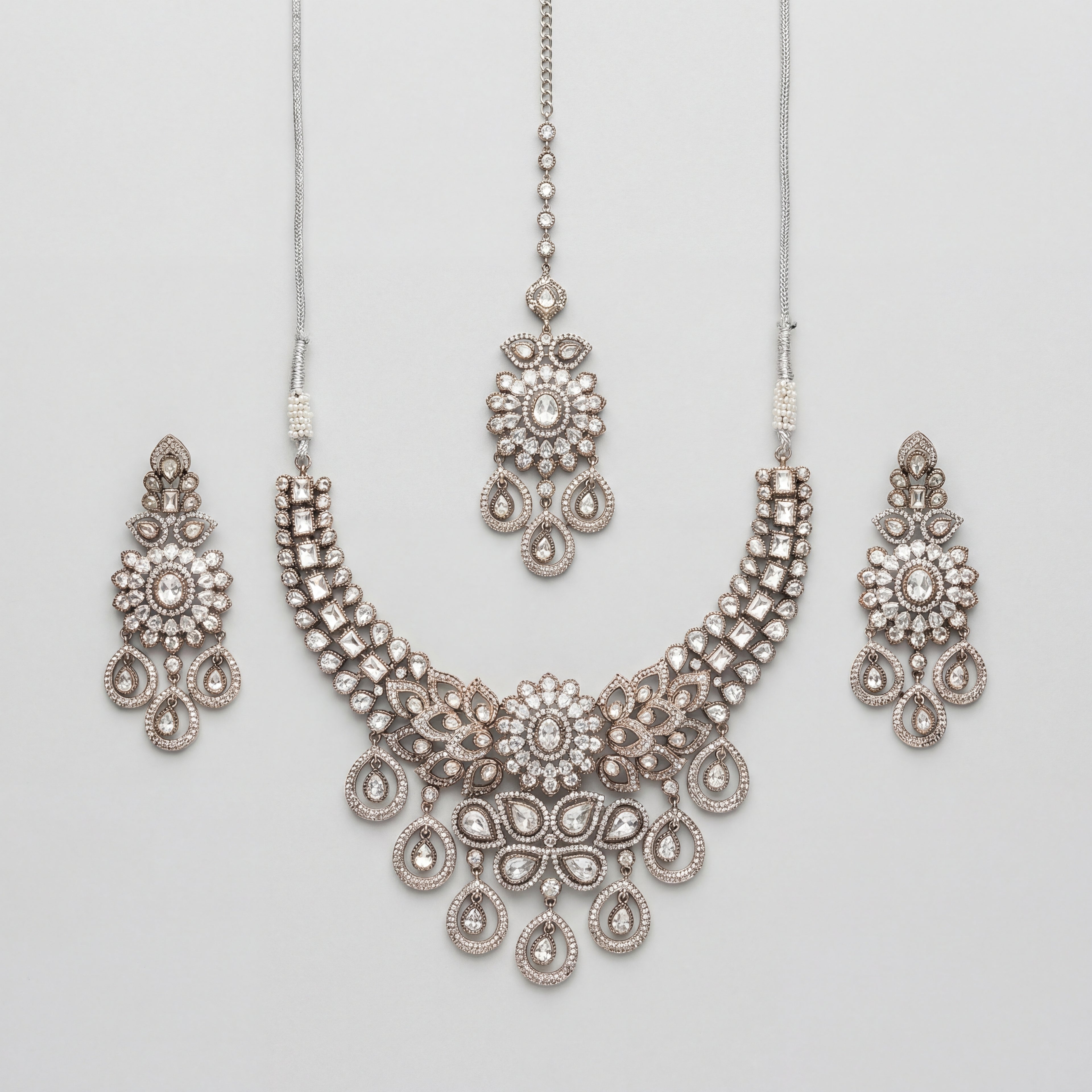 Aria Silver Necklace Set antique silver bib collar with chandelier earrings and maang tikka on gray background