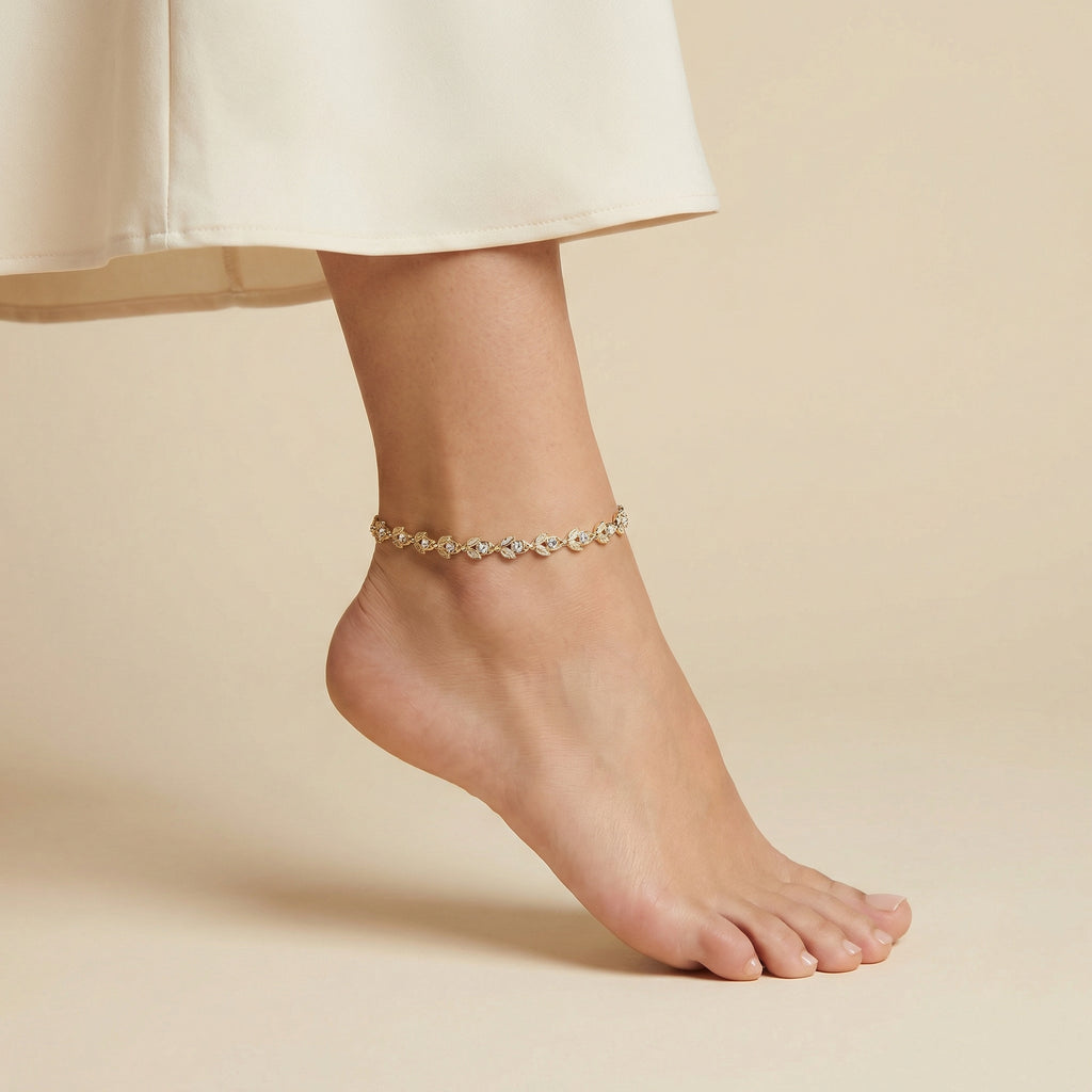 Gilded Leaf Crystal Anklets detail of crystal-set leaf links and extender