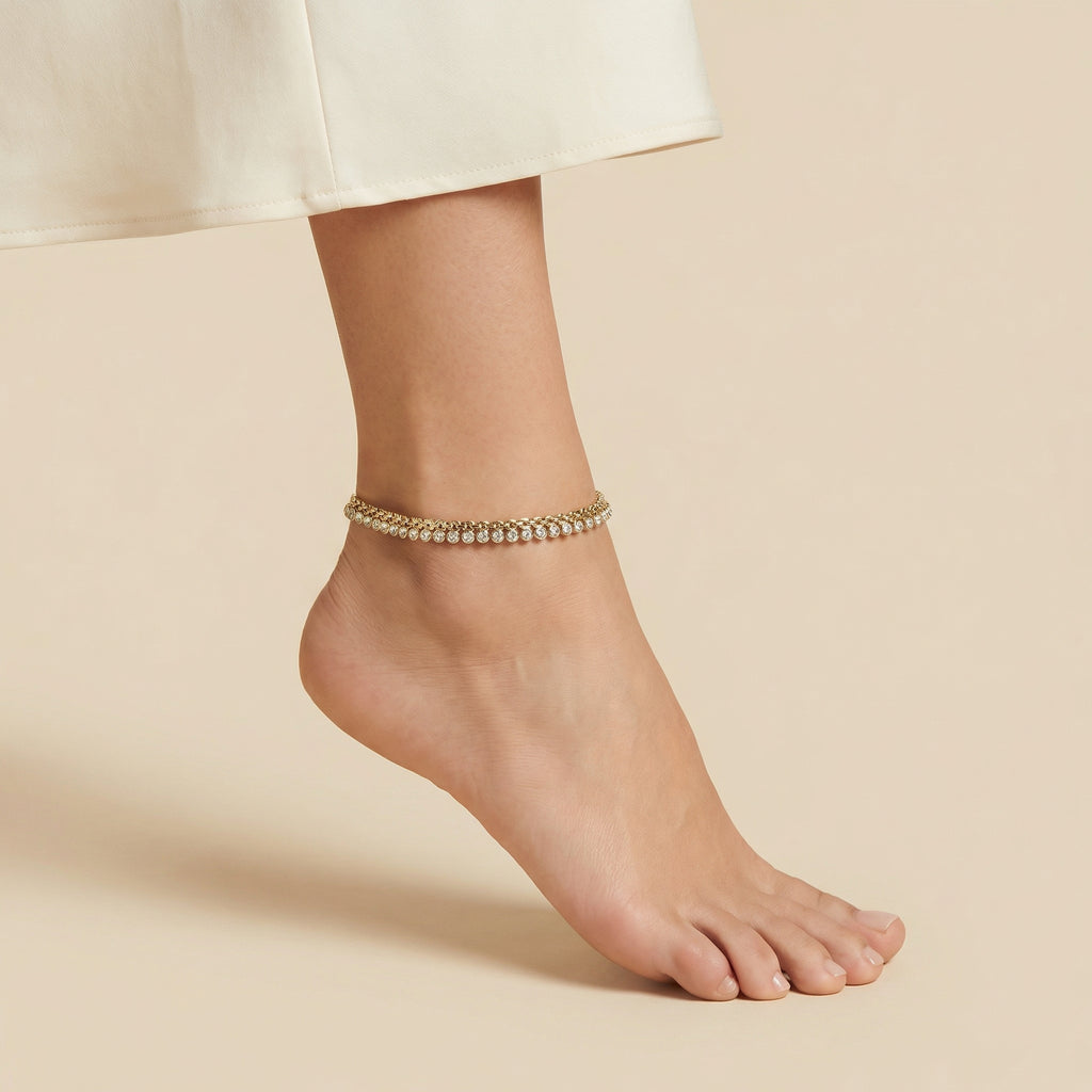Radiant Gold Tennis Anklets detail showing bezel-set stones and crystal lobster clasp