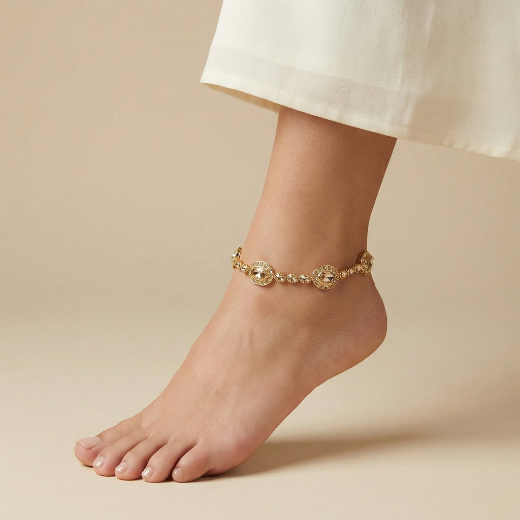 Gilded Kundan Anklets detail showing champagne center stones and clear pavé halos