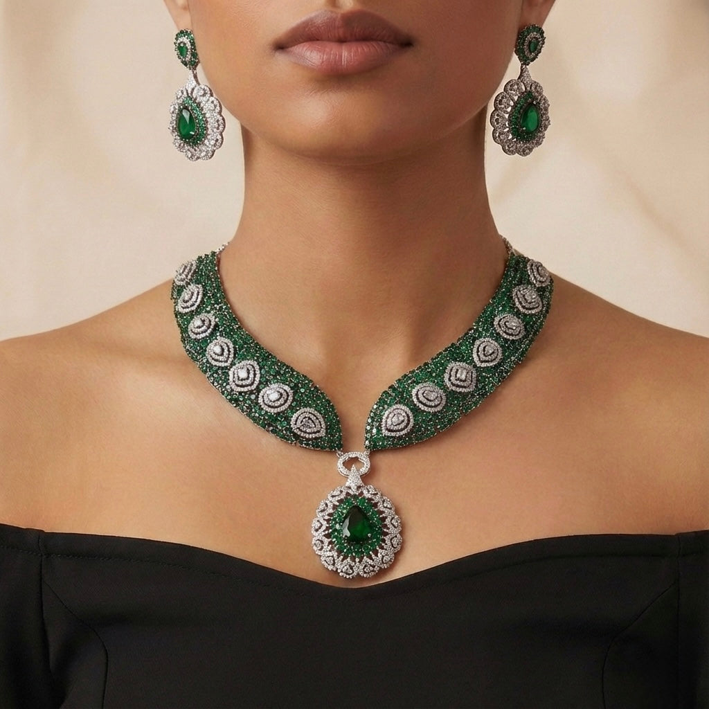 Emerald Crest Statement Necklace Set gold-plated statement necklace set with matching earrings in a studio flatlay