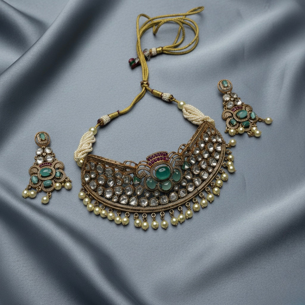 Detail flatlay of the silver-tone pearl choker and matching earrings with pearl accents