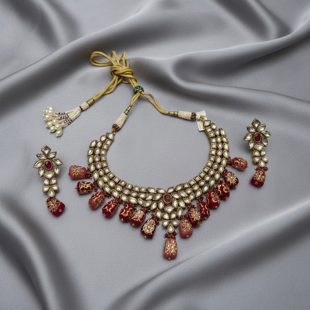 Detail flatlay of the scarlet statement necklace, highlighting the stonework and finish.