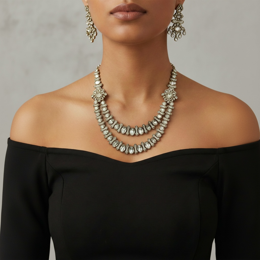 Studio flatlay of the silver-tone crystal statement necklace