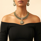 Emerald Kundan Necklace Set gold-plated necklace set with matching earrings in a studio flatlay
