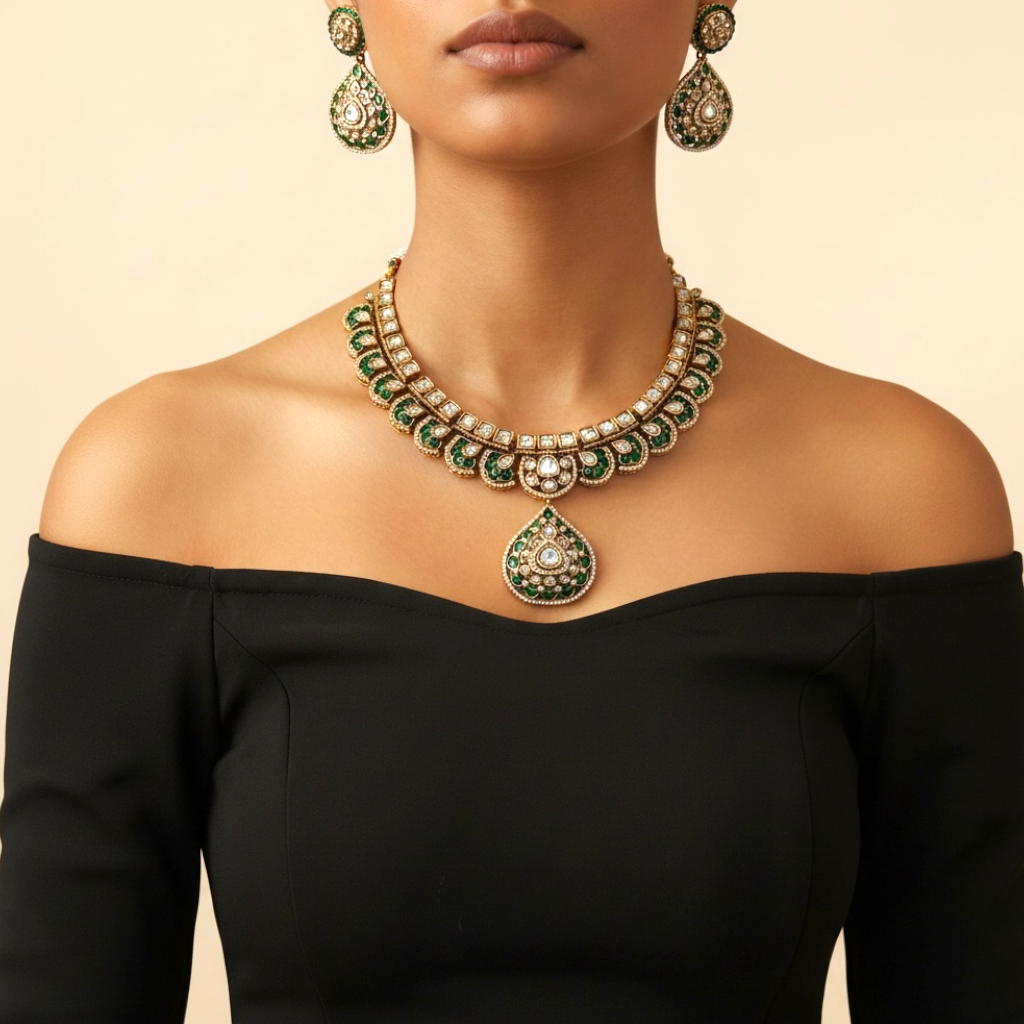 Emerald Kundan Necklace Set gold-plated necklace set with matching earrings in a studio flatlay