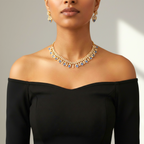 Azure Pearl Glow Statement Set silver-plated statement necklace set with matching earrings in a studio flatlay