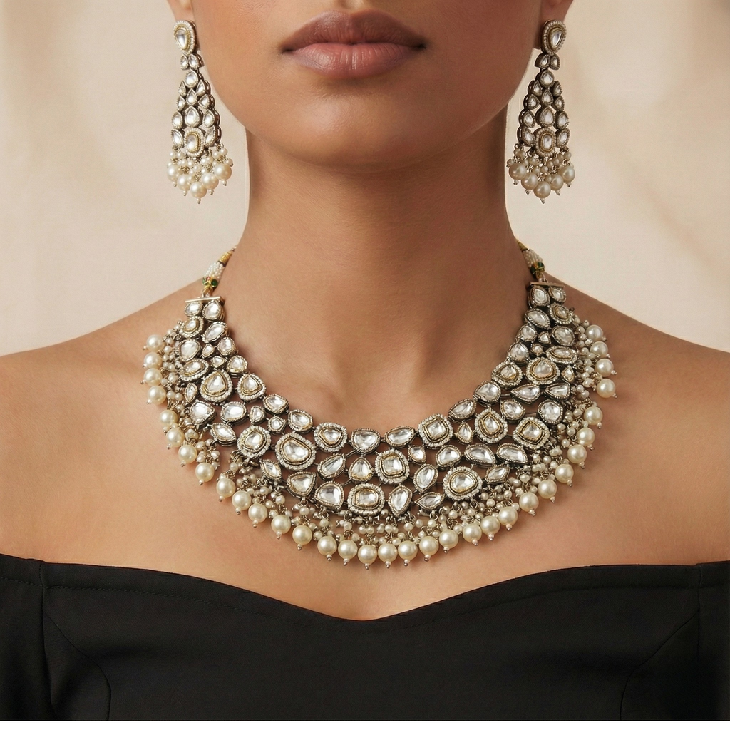 Studio flatlay of the white stone necklace set with matching earrings.