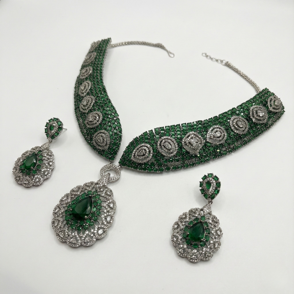South Asian woman wearing Emerald Crest Statement Necklace Set statement necklace with matching earrings — bridal look