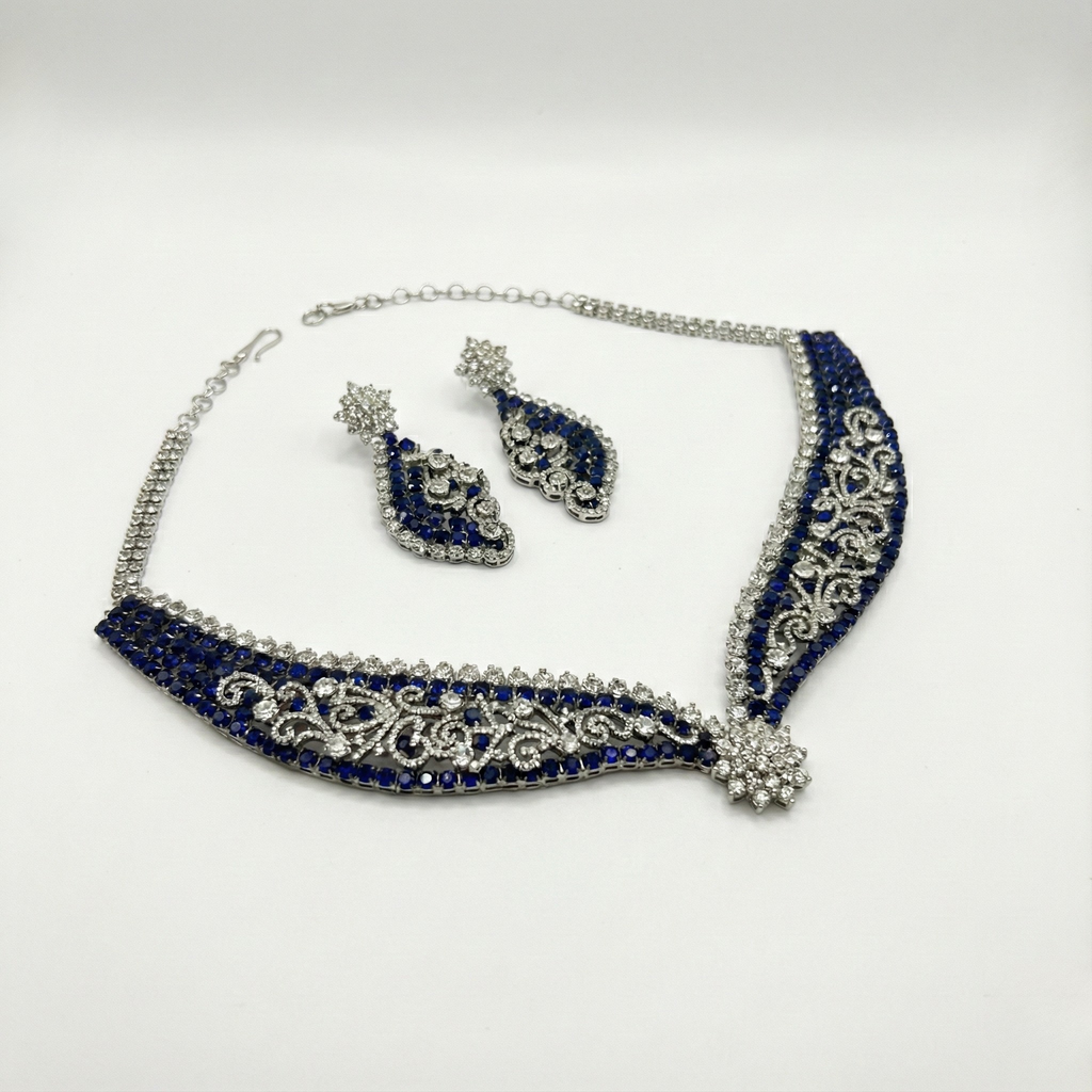 South Asian woman wearing Blue Noir Statement Necklace Set statement necklace with matching earrings — bridal look
