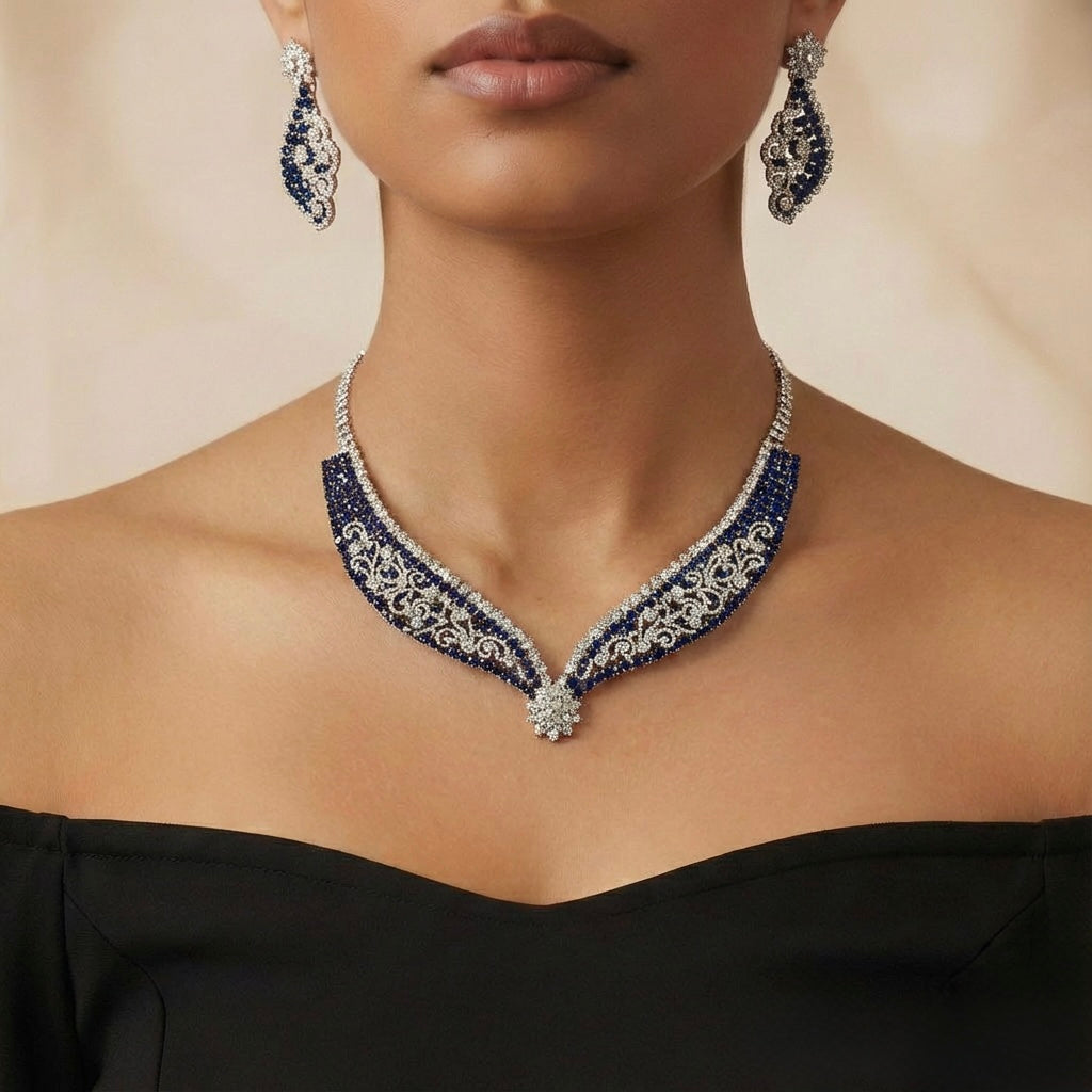 Blue Noir Statement Necklace Set silver-plated statement necklace set with matching earrings in a studio flatlay